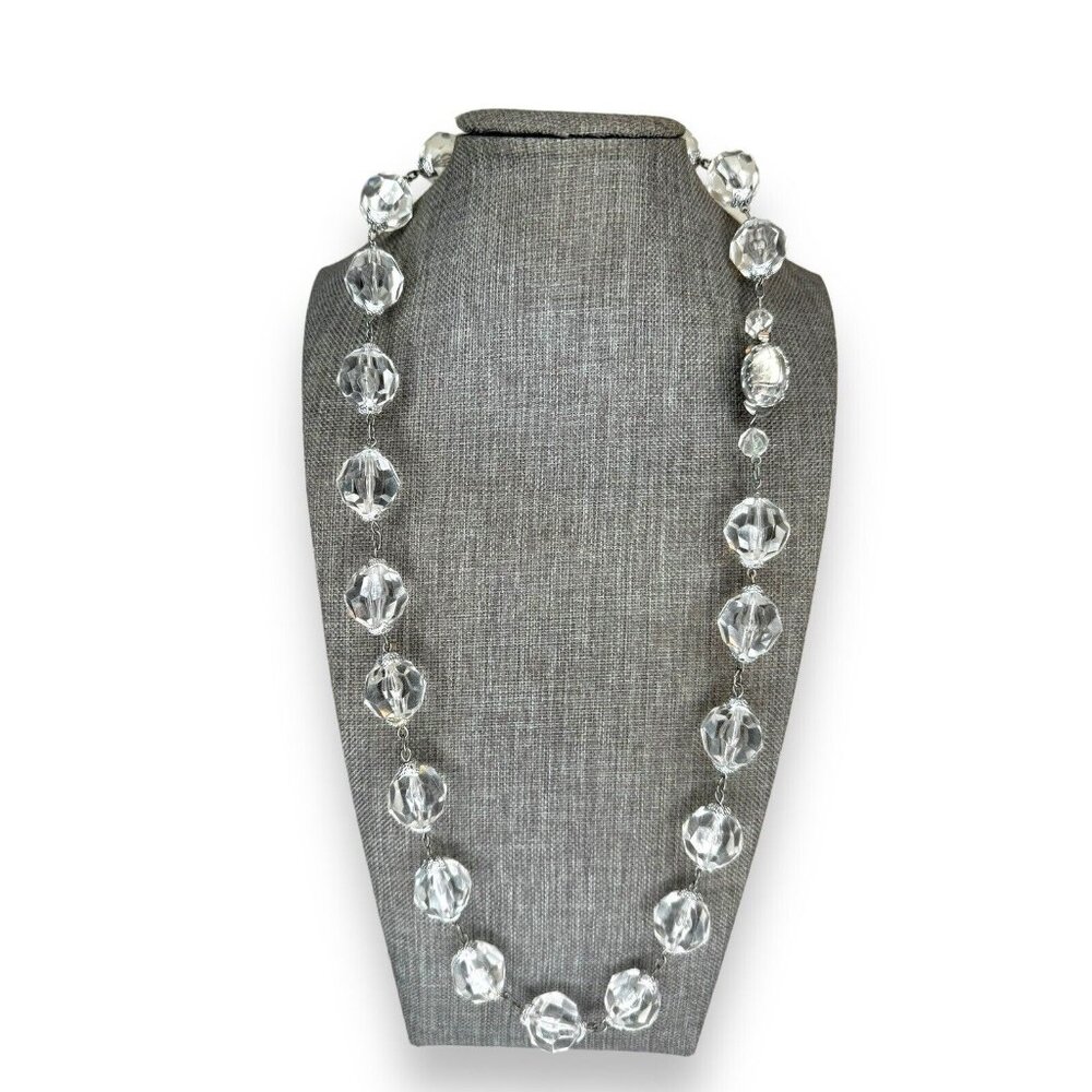 Vintage West Germany Clear Faceted Acrylic Station Necklace Silver Tone 26.75"